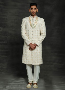 Off White Lucknowi Work Sherwani For Marriage