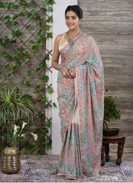 Off White Chiffon Saree With Floral Embroidery