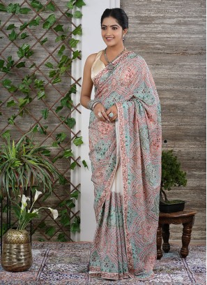 Off White Chiffon Saree With Floral Embroidery