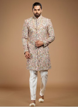 Off White Sherwani Set In Silk With Kashmiri Embroidery