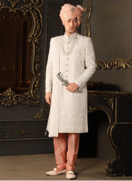 Off White Sherwani Set In Silk With Thread Embroidered