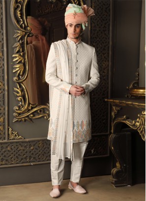 Off White Sherwani Set In Silk With Thread Work