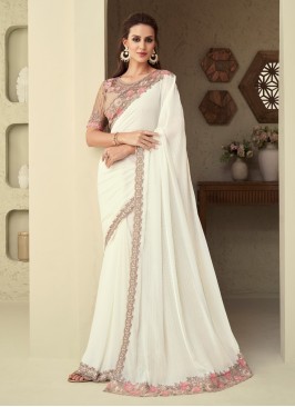 Off White Floral Embroidered Lace Work Silk Saree