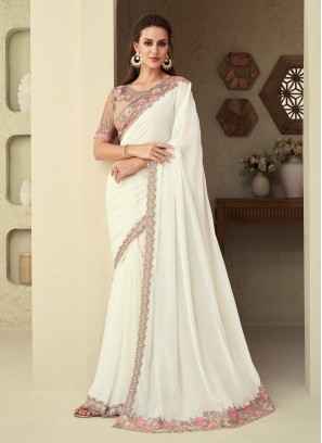 Off White Floral Embroidered Lace Work Silk Saree