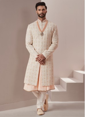 Off White Silk Sherwani Set In Lucknowi Embroidery