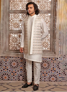 Off White Thread Embroidered Indowestern Set In Cotton Silk