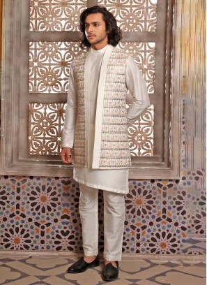 Off White Thread Embroidered Indowestern Set In Cotton Silk