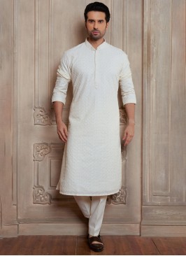 Off White Thread Embroidered Silk Kurta Pajama