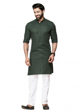 Oilve Green Color Cotton Silk Kurta Pajama