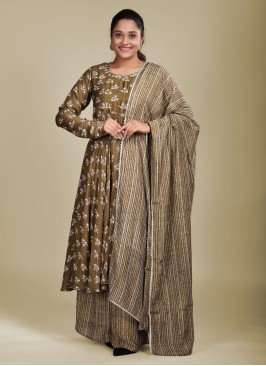 Olive Green Palazzo Suit In Muslin Silk With Floral Prints