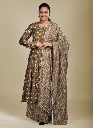 Olive Green Palazzo Suit In Muslin Silk With Floral Prints