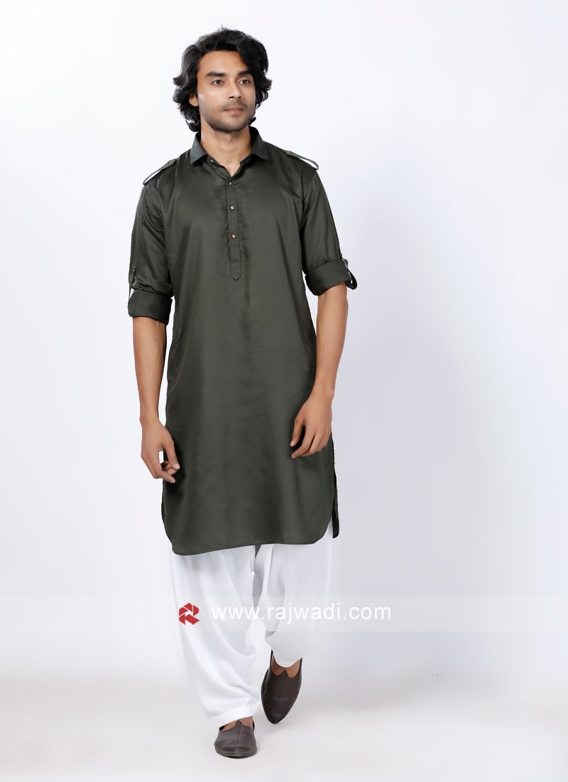 Olive Green Pathani Suit For Men