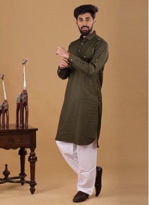 Olive Green Readymade Pathani Suit For Eid