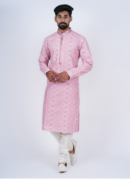 Onion And Off White Cotton Silk Printed Kurta Pajama