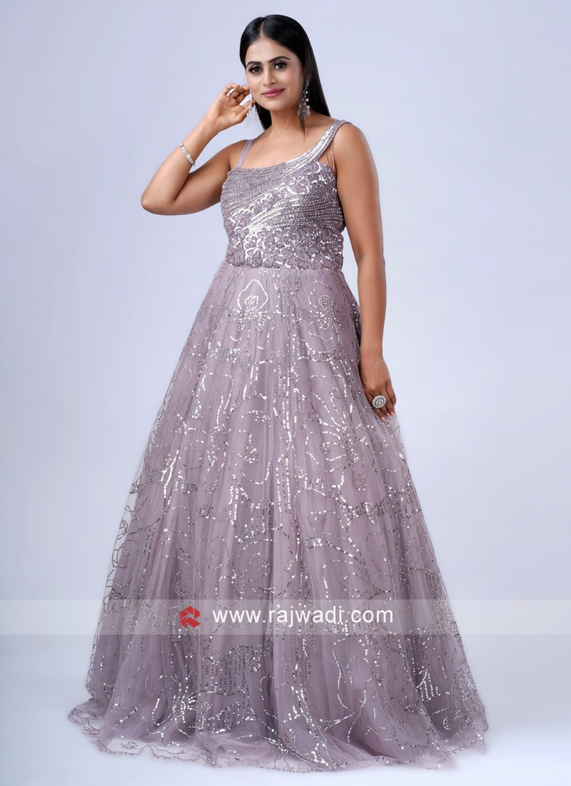 Onion Pink Designer Gown In Net With Sequins