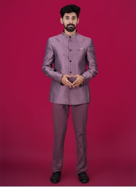 Onion Pink Jacquard Silk Jodhpuri Suit