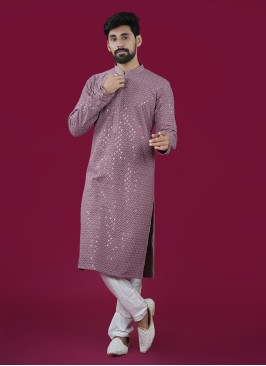 Onion Pink Lucknowi Pattern Kurta Pajama For Men