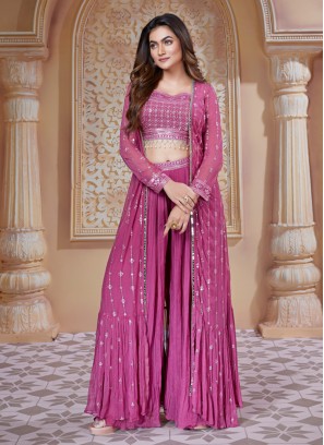 Onion Pink Palazzo Suit In Chiffon With Embroidery Long Sleeves Jacket