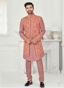 Onion Pink Readymade Thread Embroidered Indowestern