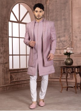 Onion Pink Thread Embroidered Indowestern Set For Wedding