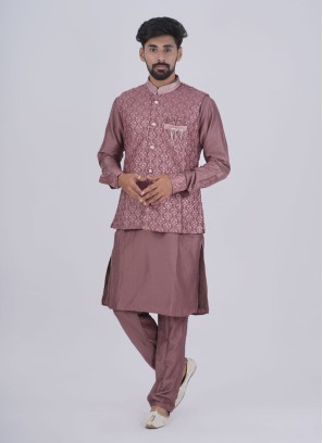 Onion Pink Wedding Nehru Jacket Set In Silk