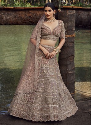 Onion Pink Wedding Wear Net A Line Lehenga Choli