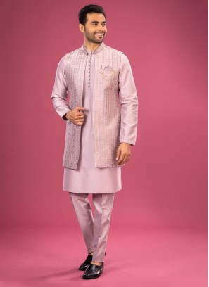 Onion Pink Zari Work Nehru Jacket Set