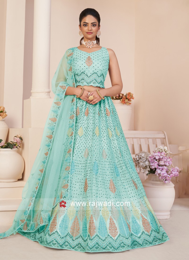 Organza A Line Lehenga Choli in Turquoise