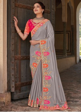 Opulent Grey Designer Embroidered Saree