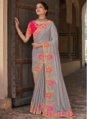 Opulent Grey Designer Embroidered Saree