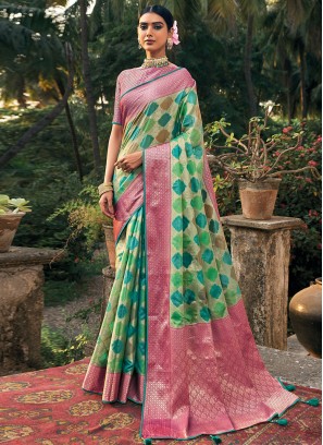 Opulent Multi Color Weaving Designer Organza Saree