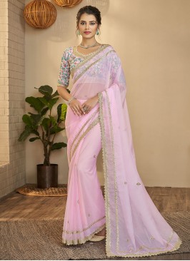 Pink Organza Zari Saree With Embroidered Blouse