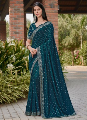 Trendy Teal Blue Art Silk Designer Saree