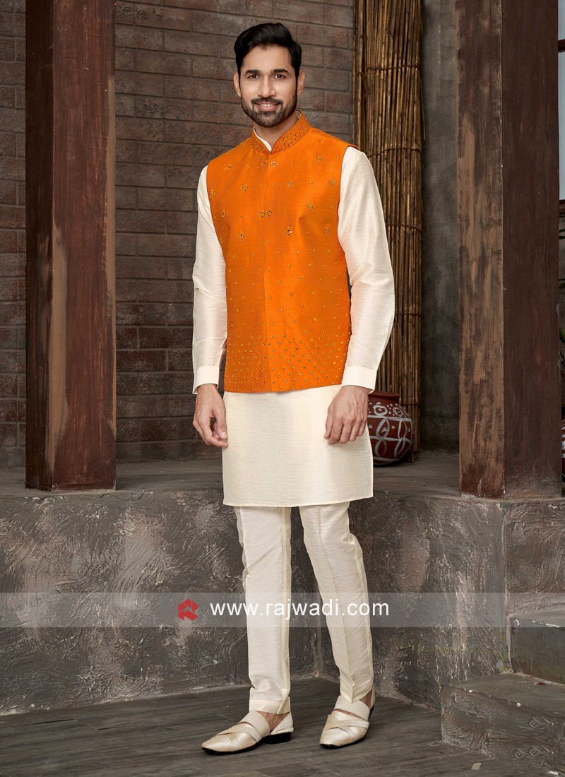 Orange And Cream Readymade Nehru Jacket Set For Men