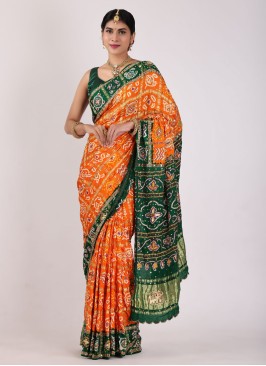 Orange and Green Gajji Silk Gahrchola Saree