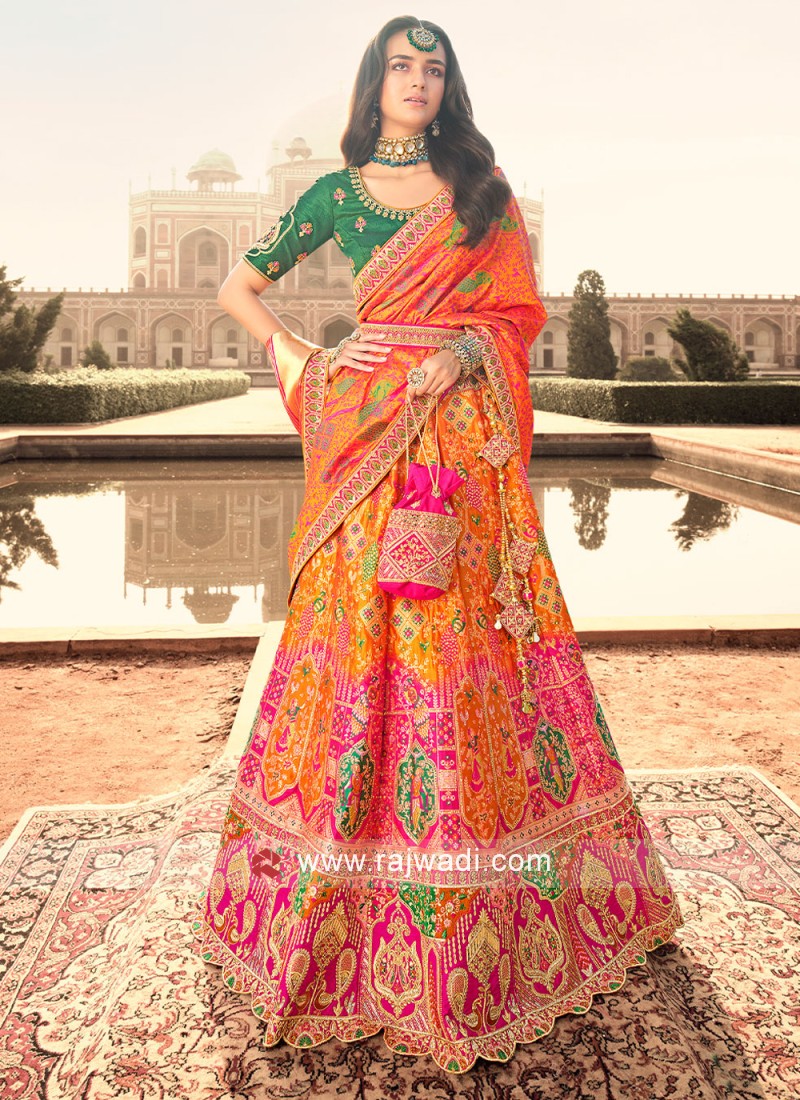 Orange and Pink Silk Bridal Designer Lehenga Choli