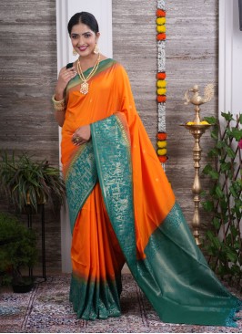 Orange And Rama Green Silk  Saree