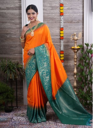 Orange And Rama Green Silk  Saree