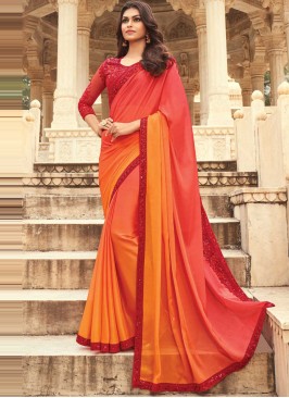 Orange and Red Embroidered Ceremonial Shaded Saree