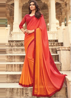 Orange and Red Embroidered Ceremonial Shaded Saree