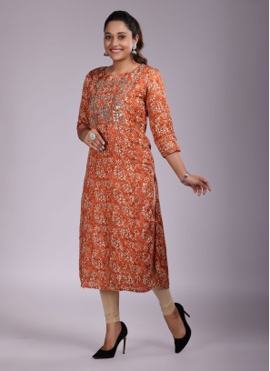 Orange Batik Print Gajji Silk Kurti