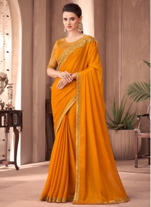 Orange Embroidered Contemporary Silk Saree