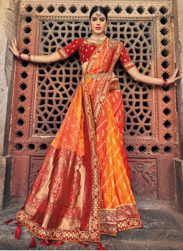 Orange Color Contemporary Gajji Satin Silk Saree