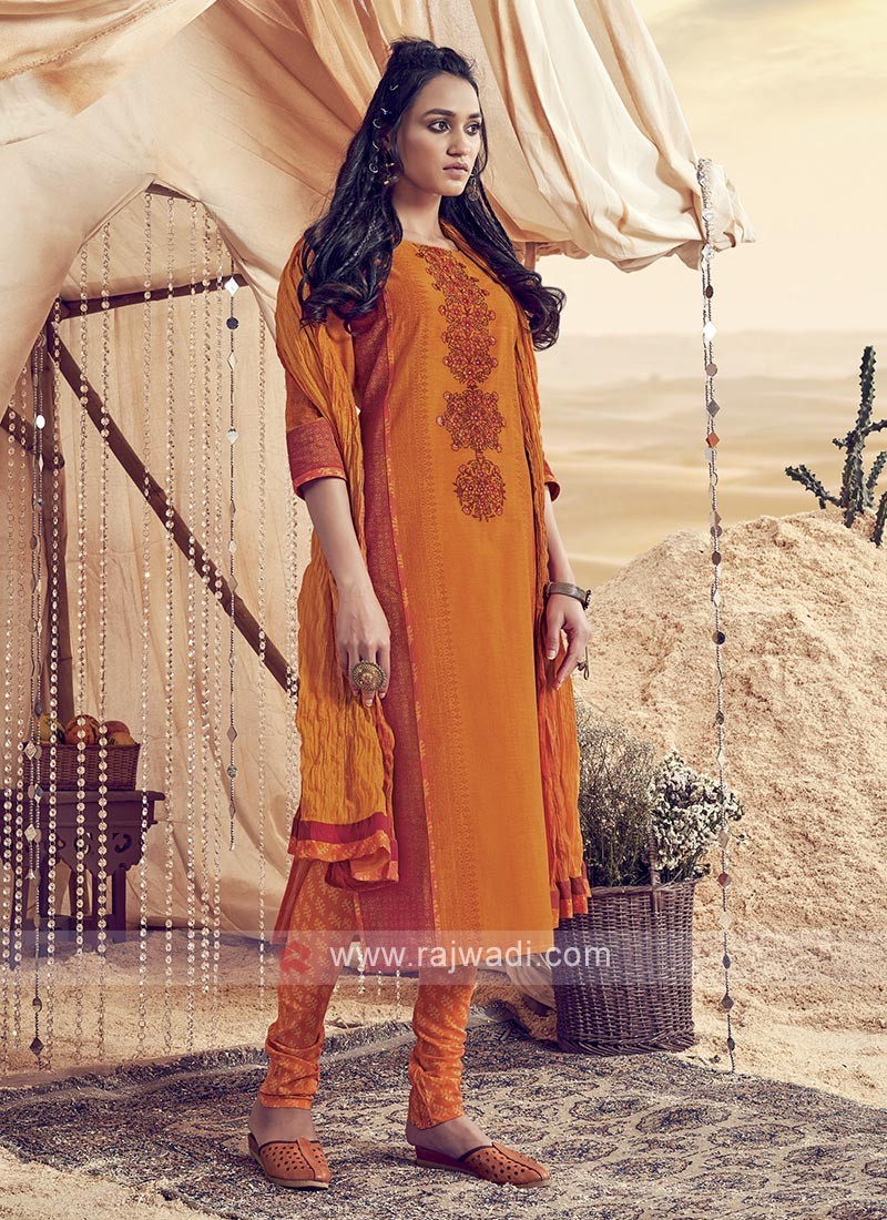 Shagufta Orange Cotton Churidar Salwar Suit