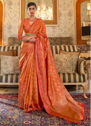 Orange Festive Wear Silk Saree