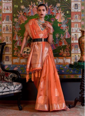 Orange Organza Zari Woven Handloom Saree