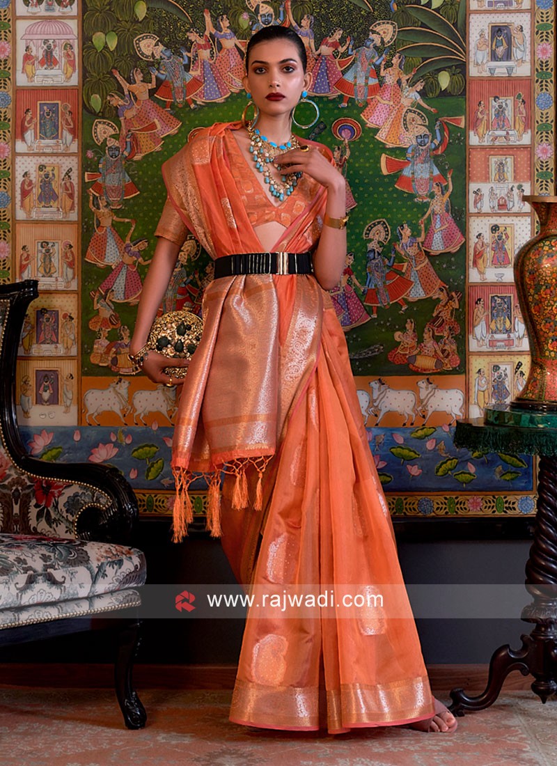Buy Orange Cotton And Chanderi Placement Zari Border Handloom Saree For  Women by Weaver Story Online at Aza Fashions.