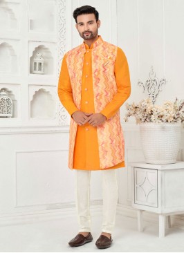 Orange Jacket Style Indowestern Set In Art Silk