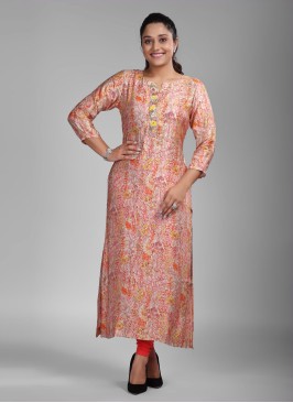 Orange Kurti In Gajji Silk With Digital Floral Print