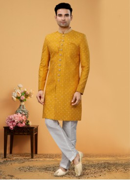 Orange Mens Embroidered Indowestern Set